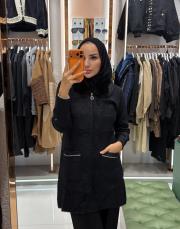 yaka kürk uzun hırka siyah