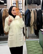 yaka kürk uzun hırka ekru