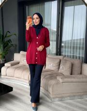 detay taş düğmeli hırka bordo