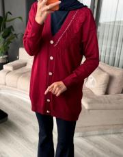 detay taş düğmeli hırka bordo 3