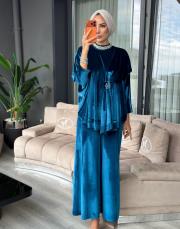 yakası taşlı kadife takım mavi 3
