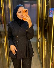 düğmeli taşlı takım lacivert