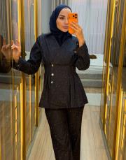 düğmeli taşlı takım lacivert 3