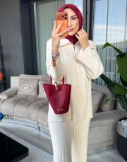 yarım fermuar pamuklu takım bej