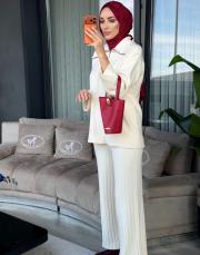 yarım fermuar pamuklu takım bej 3