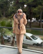 kürk yaka şişme mont bej 2