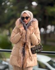 kürk yaka şişme mont bej 4