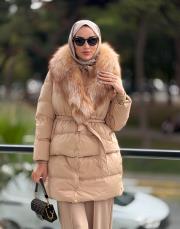 kürk yaka şişme mont ekru 2