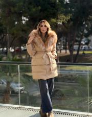 kapşon kürk şişme mont bej 3