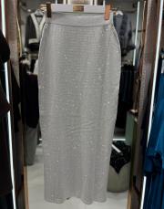 taşlı simli triko etek gri