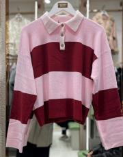 çizgili polo yaka kazak pembe kırmızı