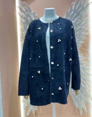 taşlı incili angora hırka siyah