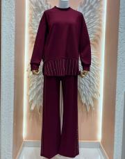 şerit taşlı takım bordo