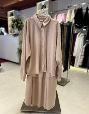 taşlı detay etekli takım bej