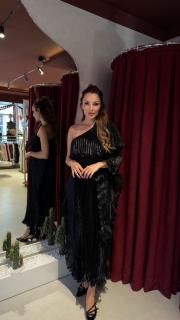 tek kol ithal elbise siyah