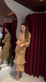 önü fırfır ithal elbise bej 2