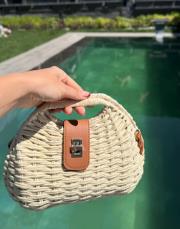 kemerli hasır çanta  kahve ekru