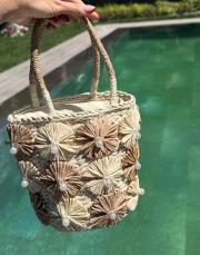 çiçek hasır çanta  kahve ekru