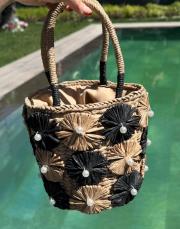çiçek hasır çanta siyah bej