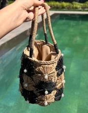 çiçek hasır çanta siyah bej 2