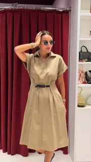 bel büzgü kemerli elbise camel 3
