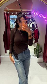 yanı püsküllü bluz kahve 4