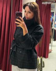 lavin ekose desenli kuşaklı kaban siyah