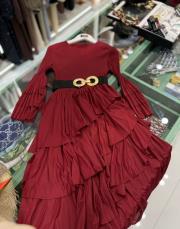 belden fırfırlı elbise bordo